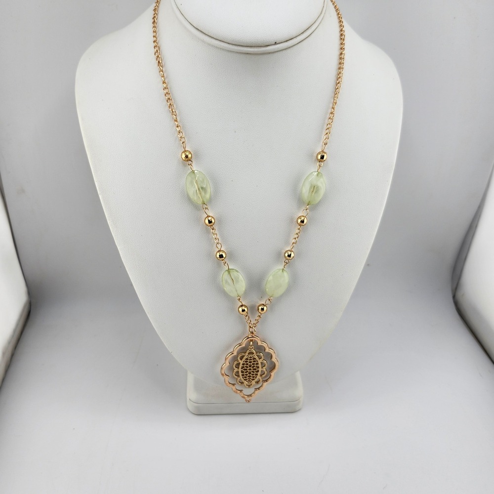 Gold Tone Necklace with Green Beads and‎ Filigree Pendant Fashion Jewelry